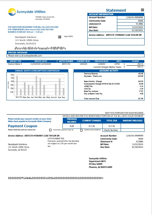 USA Washington Sunnyside Utilities water business utility bill template in Word and PDF formats